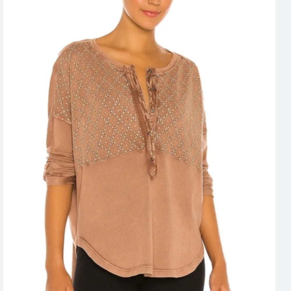 Free People Free Spirit Button Down Henley Top Red Clay Combo Boho